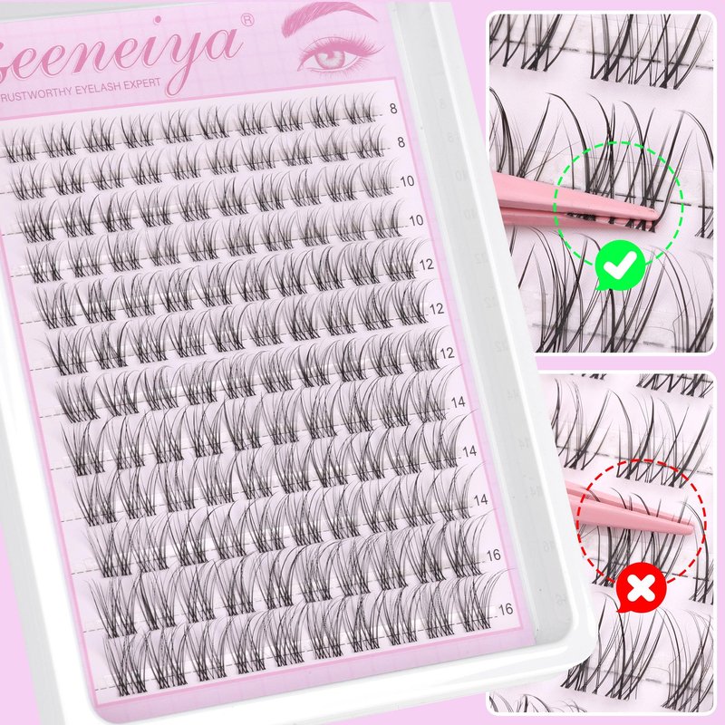 Geeneiya Clear Band Lash Clusters Natural Eyelash Clusters Wispy Cluster Eyelash Extensions 8-16MM Lash Extension D Curl Individual Lashes Not Lashes Kit