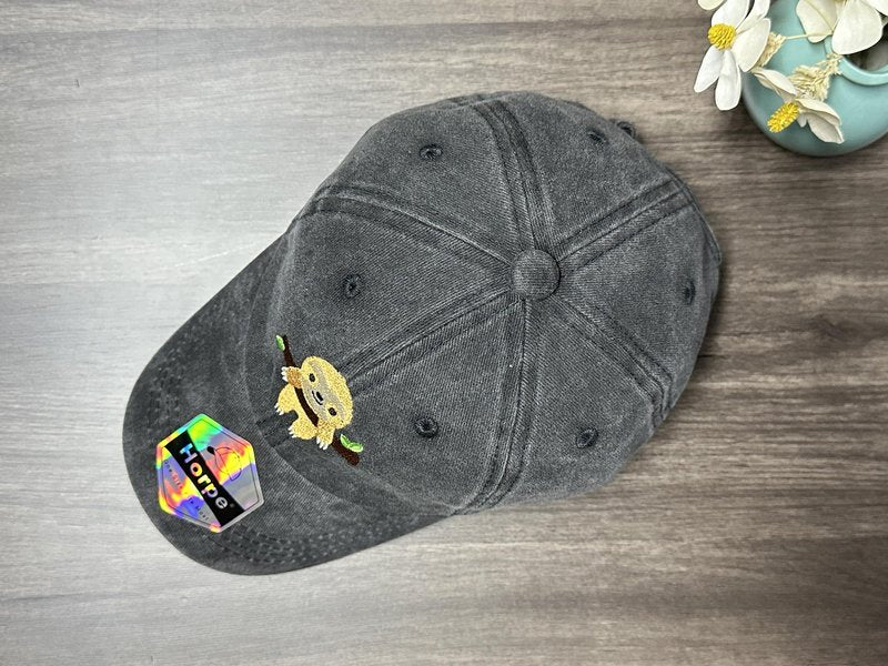 Horpe Sloth Gifts for Boys and Girls, Kid Animal Hat for Jungle Forest Lover, Embroidered Washed Black Baseball Cap for Child