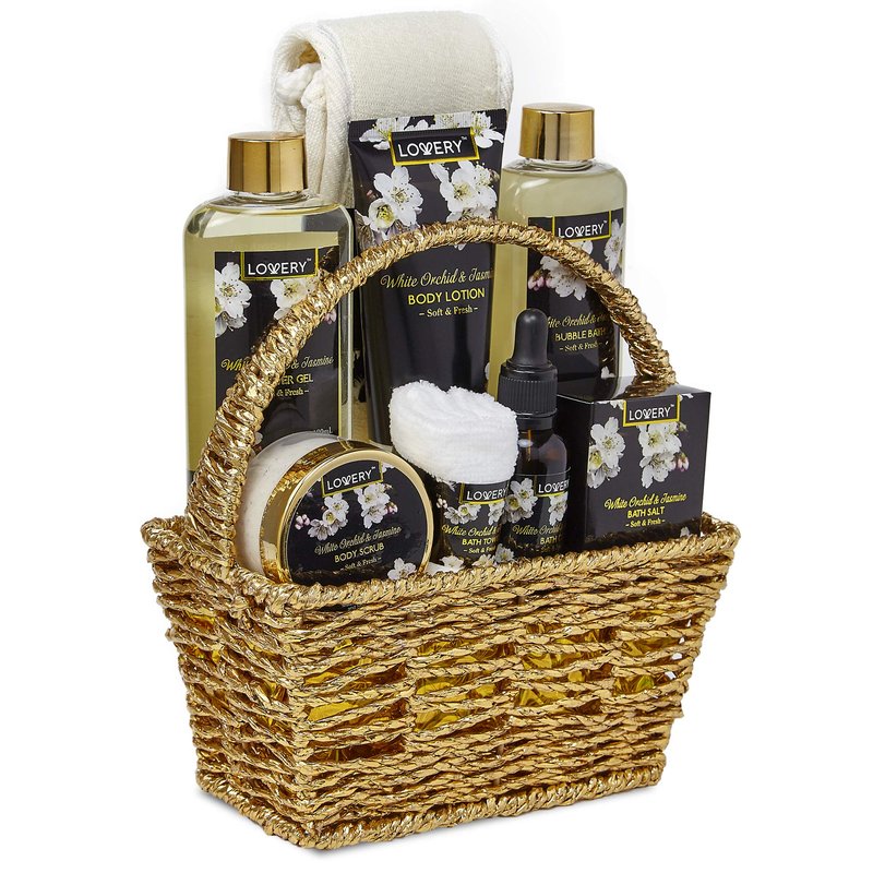 Mothers Day Gift Basket for Mom, Bath and Body Gift Basket for Women and Men – Orchid & Jasmine Home Spa Set With Body Scrubs, Lotions, Oils, Gels and More - Care Package for Women & Men - 9 Piece Set