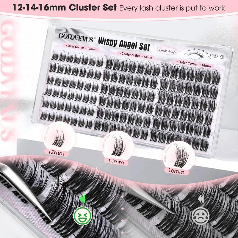 Goddvenus Wispy Natural Lash Clusters 12-14-16mm CC Curl DIY Cluster Eyelash Extensions for Clean Makeup, Individual False Eyelashes Cat Eye Lash Clusters