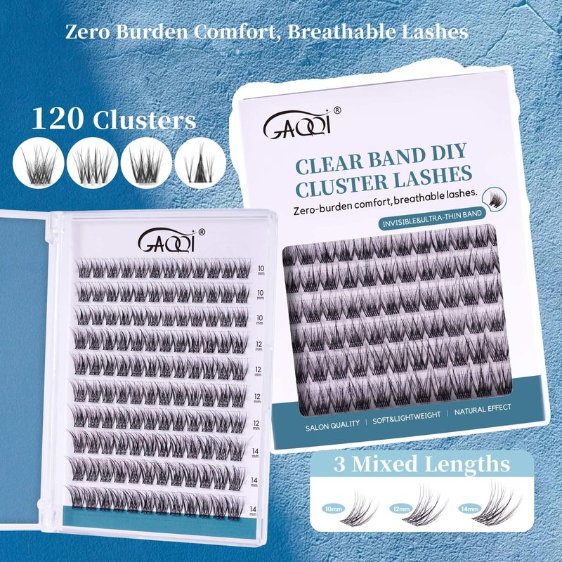 GAQQI Lash Clusters Wispy & Natural Eyelash Clusters Clear Band, 10-14mm Cluster Lashes 120PCS, Cluster Eyelash Extensions C Curve, Cluster Lashes Ultra-thin & Soft Invisivle Band (FEATHER)