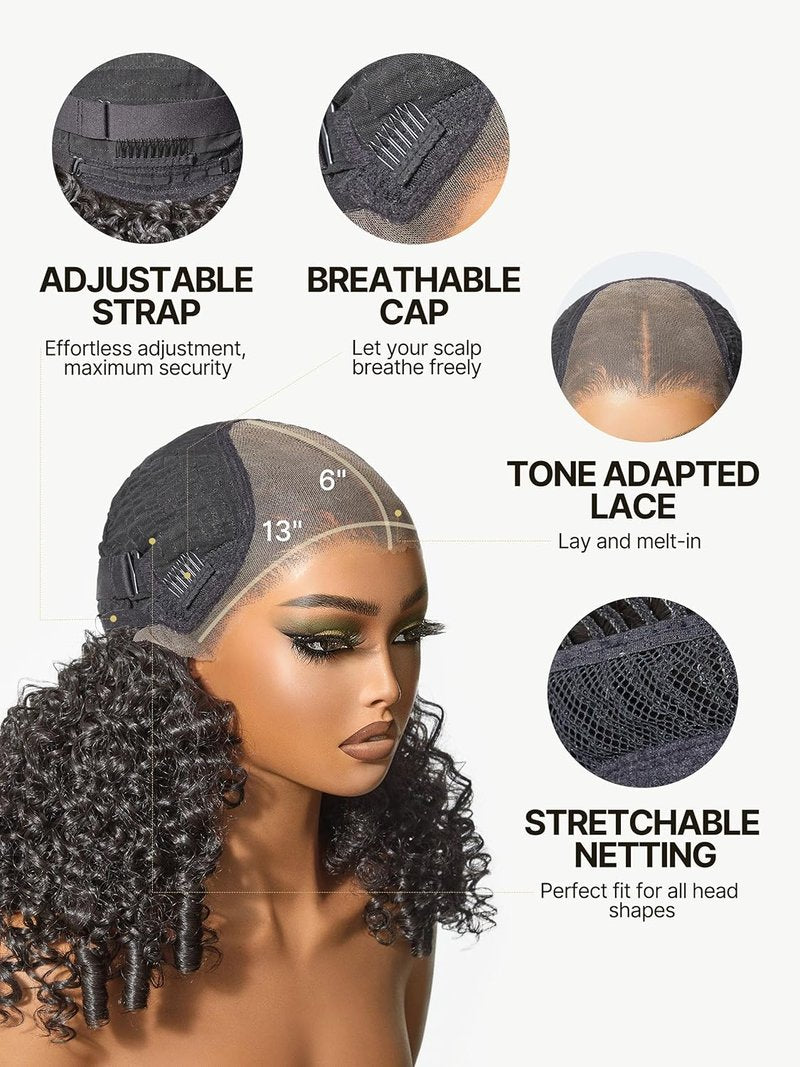 Frodio Kinky Curly Half Wig 14 Inches Veralux™ Fiber Blend Human Hair 200% Density 13X6 HD Lace Frontal Glueless Wig with Unique Bouncy Curl,Natural Black Ready to Go Headband Wig for Women