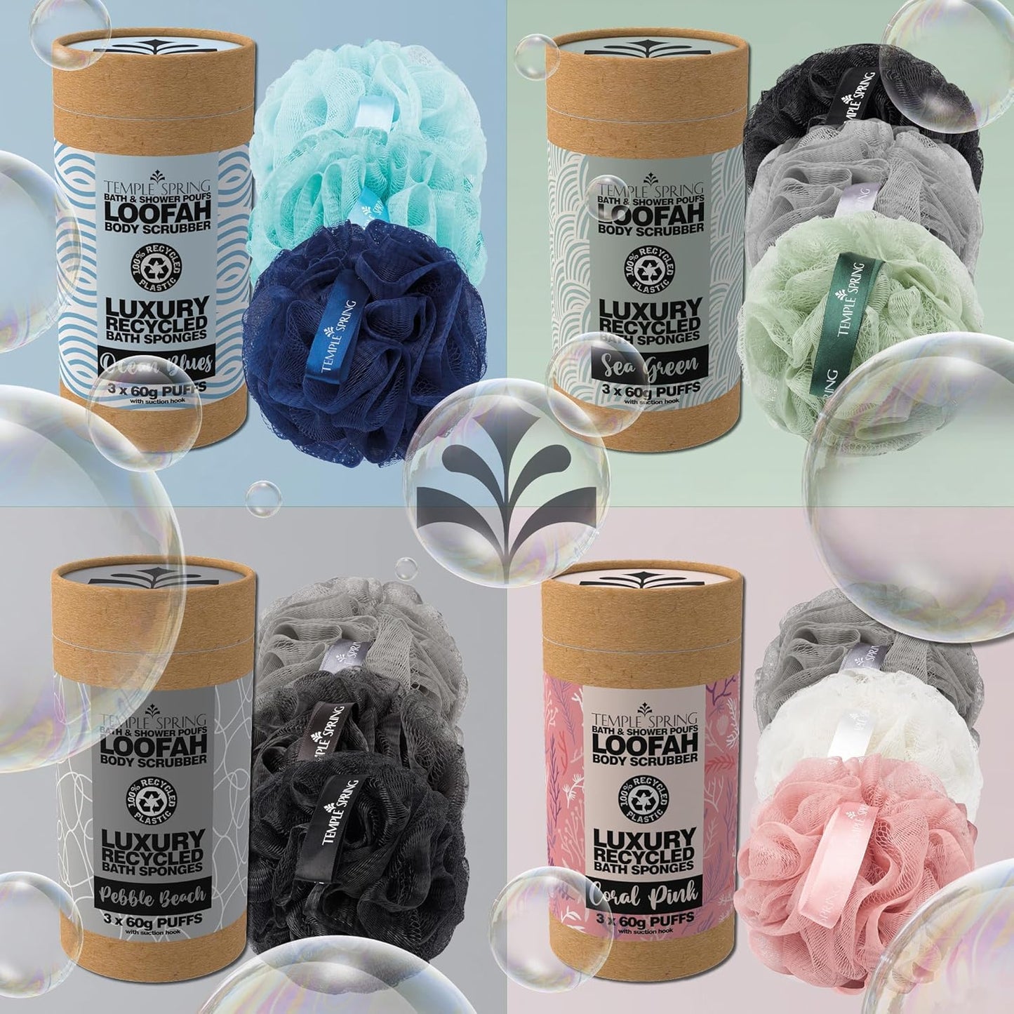 Temple Spring Soft Mesh Shower Loofah Sponge 3-Pack - Gentle Exfoliating Body Scrubber for Smooth Skin | 60g Each, Eco-Friendly with Suction Hook