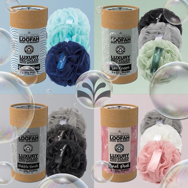 Temple Spring Soft Mesh Shower Loofah Sponge 3-Pack - Gentle Exfoliating Body Scrubber for Smooth Skin | 60g Each, Eco-Friendly with Suction Hook