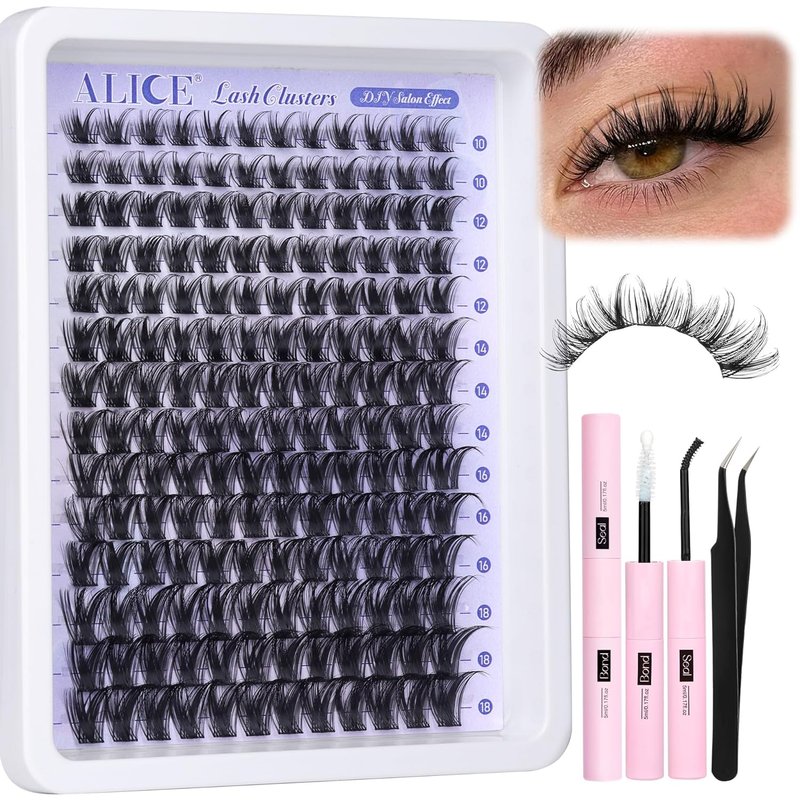 **ALICE Wispy Lash Clusters Kit - 168pcs Natural Eyelash Extensions 10-18mm with Glue for DIY Home Use**