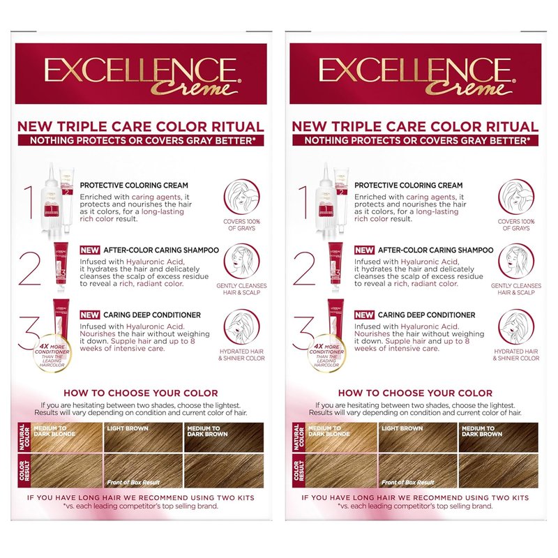 L'Oreal Paris Hair Dye - Excellence Crème for 100% Gray Coverage | 6 Light Brown, 2 Kits