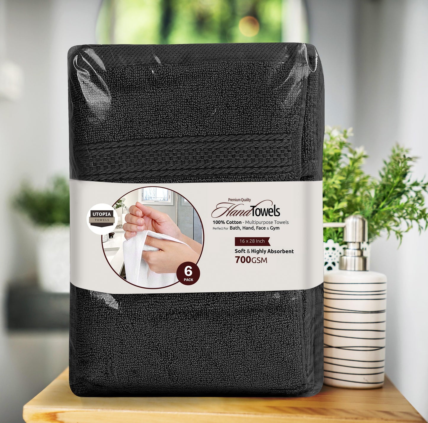 Utopia Towels 6 Pack Premium Hand Towels Set, 16 by 28 inches, 100% Ring Spun Cotton, Ultra Soft and Highly Absorbent 600GSM Towels for Bathroom, Gym, Shower, Hotel, and Spa, Black