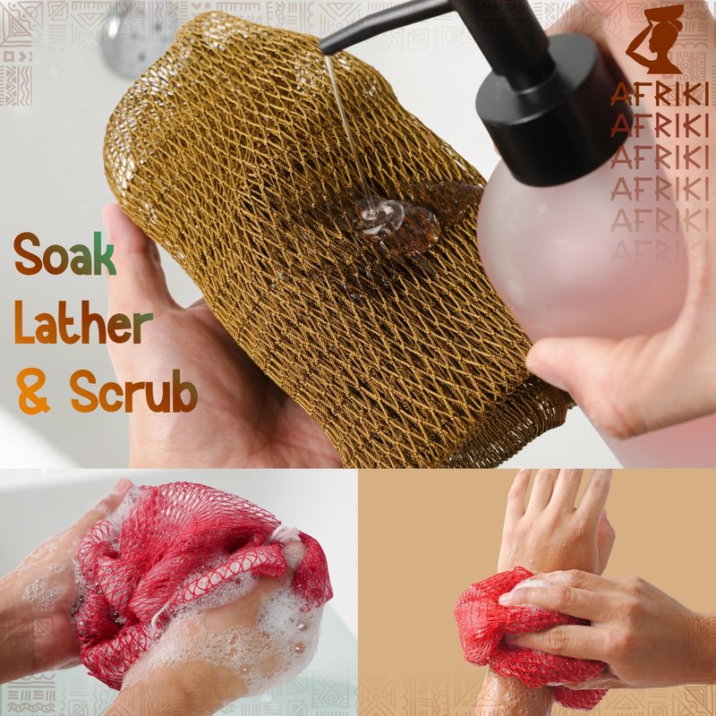 African Net Sponge, Premium Authentic Exfoliating Body Scrubber, Extra Long Stretch Bath Sponge for Shower, Deep Exfoliating Washcloth for Smooth Skin, 1 Pack (Burgundy)