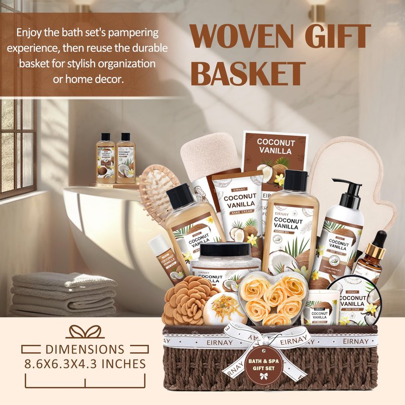 Gifts For Women - 16 PCS Birthday Gift Basket for Women Set of Coconut Vanilla Self Pampering Set, Includes Luxurious Home Spa Shower Gel Bubble Bath