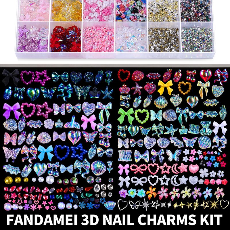 FAMDAMEI 24 Grid Nail Charms, Nail Art Kit with Multi Shapes Nail Charms and Gems, Flatback AB Nail Rhinestones Gold Nail Pearls, Charms Y2K for Nails, 3D Hawaii Flowers Nail Jewels for Nail Design