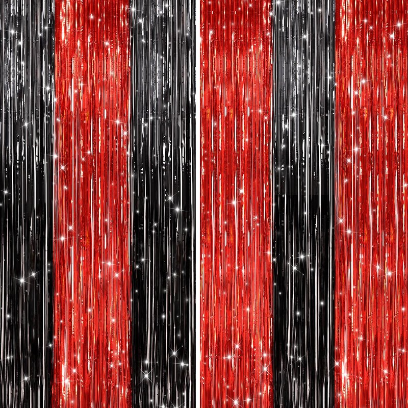 2 Pack Black and Red Foil Fringe Curtains Party Decorations, Tinsel Curtain Backdrop Streamers for Birthday Graduation Fiesta Stranger Theme Halloween Christmas Party Decors Supplies Door Streamers