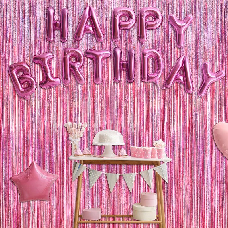 Skiennix Glitter Pink Backdrop - 2 Pack Laser Pink Fringe Curtains | 3.28 FT x 7.05 FT Birthday Party Decor