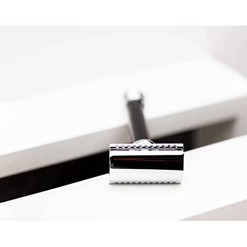 MERKUR 38B Double Edge Safety Razor - Black Handle | Extra Large Barber Pole Grip Brass Handle | Made in Germany | Plastic-Free | Two Piece Design | Closed Comb | Straight Bar