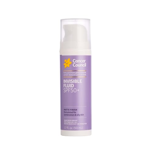 Cancer Council Invisible Fluid Face Sunscreen, SPF50+, Face Moisturizer Sun Care with Jojoba Oil, Vitamin E, Broad Spectrum UVA/UVB Sun Protection, Oily Sensitive Skin, Paraben & Fragrance Free, 50ml