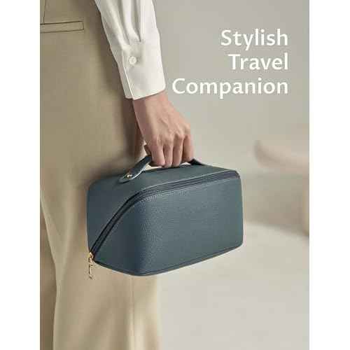 Yarnic Green Travel Makeup Bag Pouch Cosmetic Bag, Large Capacity Toiletry Bag for Women, Portable Pouch Cute Make Up Organizer with Divider and Handle, PU Leather (Gray Green)