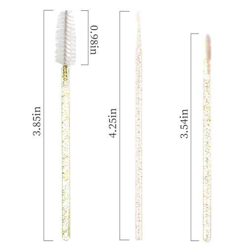 300 PCS Eyelash Extension Supplies Kit, Disposable Micro Swab Brush, Eyebrow Spoolie, Lip Brush, Mascara Wand Applicator (Crystal gold handle white kits)