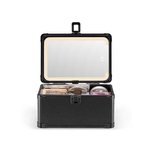 Qislee Makeup Box Mini with A Detachable Lighted Mirror, Waterproof Small Makeup Case,Cosmetic Organizer and Travel Train Case with Magnetic LED Mirror(Black)