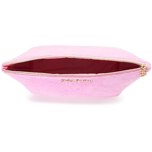 Juicy Couture Pink Makeup Bag Cosmetics Organizer Travel Essentials Zip Top Wedge Velour Heart Crown