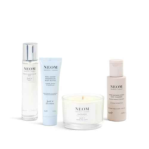 NEOM- Wellbeing Discovery Collection | Perfect Night's Sleep Pillow Mist, Happiness Travel Candle, Real Luxury Magnesium Body Butter & Super Shower Power Cleanser | Gift Set