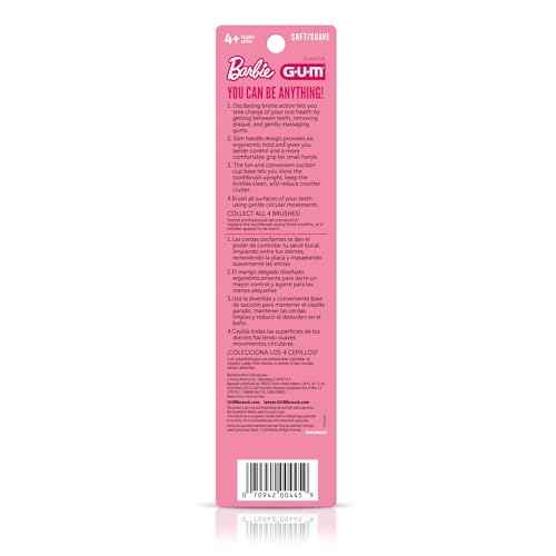 GUM Barbie Kids Battery Power Electric Toothbrush with Suction Cup Base for Home or Travel Oral Health and Dental Plaque Removal, Ages 3+, 1ct(4Pk)