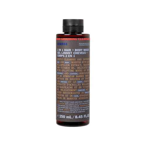 KORRES Athenian Grooming 2-in-1 Men¡¯s Shampoo & Shower Gel, Moisturising & Detangling Formula, Achillea Millefolium & Marjoram Extracts, Bergamot & Leather Scent, Silicone & Paraben Free, 8.45 Fl Oz