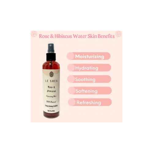 LE SHEA Hibiscus & Rose Water Spray with Aloe Vera, Rose Oil, All Natural Hydrating Facial Mist, Refresh Moisturize Hair Beard Braid Dreadlock Loc Condition Skin Body Face Rosewater Leave In 8.7 oz