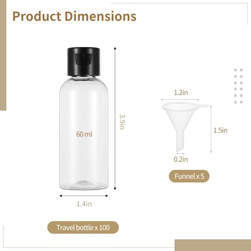 100 Pack 2 oz Plastic Empty Travel Bottles with Flip Cap 60ml Travel Size Containers Portable Leak Proof Clear Plastic Bottles Refillable Dispensing Bottles for Liquid Shampoo Lotion Black