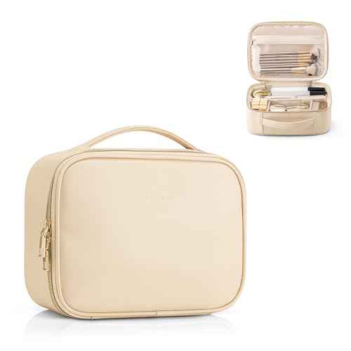Vlando Travel Makeup Bag,Portable Cosmetic Bag Makeup Case Organizer, Makeup Bag with Adjustable Dividers for Women,Girls,Wedding,Cosmetic Brushes,Toiletry,Gifts,Anniversary-Beige