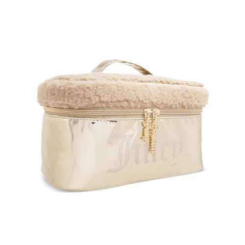 Juicy Couture Gold Makeup Bag Cosmetics Organizer Travel Essentials Train Case Shiny Rhinestones Faux Shearling