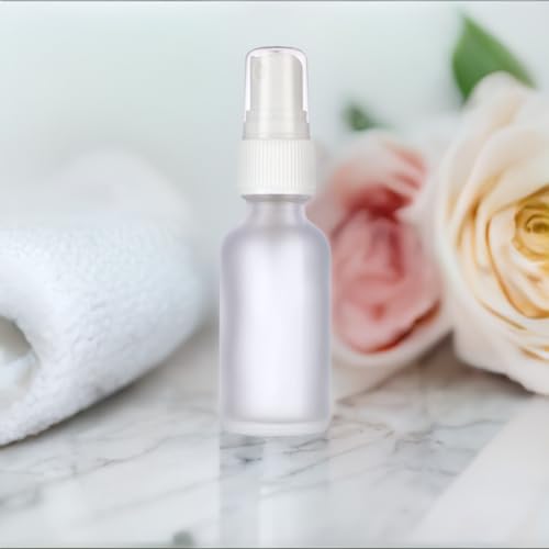 JUVITUS 1 oz Clear Frosted Glass Boston Round Bottle with White Fine Mist Spray (24 pack) + Funnel