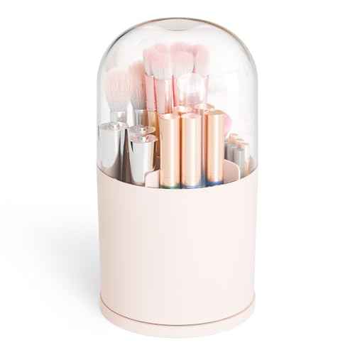 Yieach Rotating Acrylic Makeup Brush Holder with Lid for Vanity,Bathroom,Countertop,Covered Makeup Brushes Organizer,Round Spinning Cosmetic Brushes Holder and Make up Brush Storage with Cover,Pink