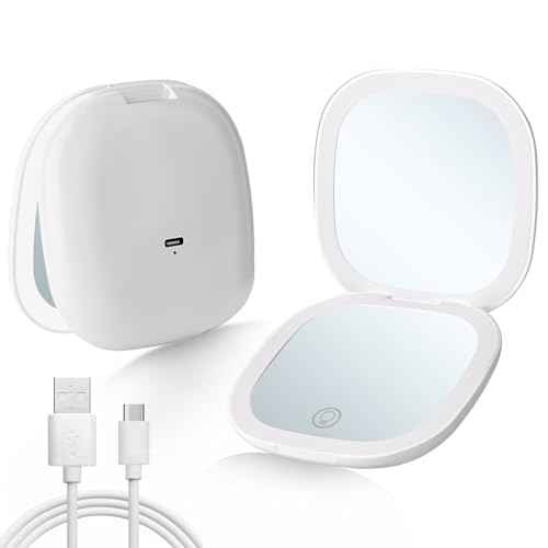 Compact LED Travel Makeup Mirror, Rechargeable Double Sided 1X/10X Magnifying Mirror, 3 Color Lighting, Dimmable Touch Screen, Foldable Lighting Mirror with USB Data Cable White