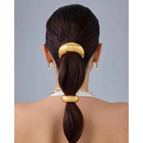 PAVOI 14K Yellow Gold Plated Waterproof Chunky Metal Hair Band Ponytail Holders for Women - Stainless Steel Statement Cuff Fashion Accessories - Stretchy Gold Hair Ties