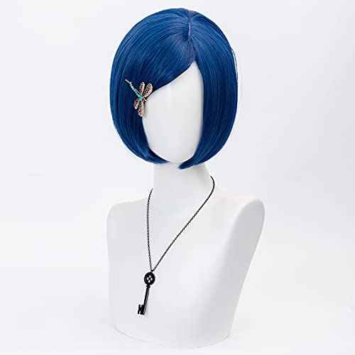 Dark Blue Bob Cosplay Wig for Women Short Straight Synthetic Wig with Key Necklace and Dragonfly Hairclip, Halloween Costume Party Cosplay Wig for Aldult (A-Dark blue)