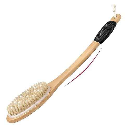 OWIIZI Bath Brush with Cellulite Massagers, Wooden Curved Long Handle Antiskid Dry Brushing Body Brush for Exfoliating, Natural Bristle Back Scrubber for Shower Use Wet or Dry for Men Women Elders