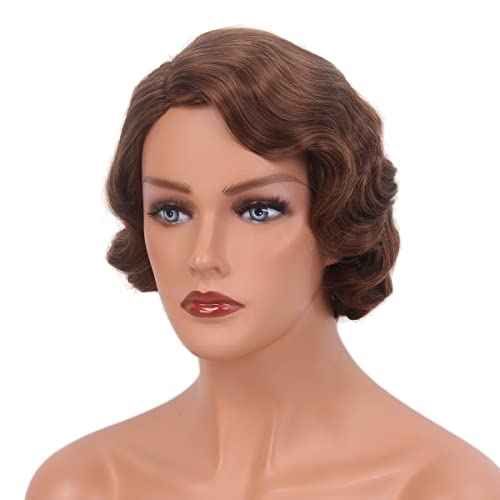 H&Bwig Short Ash Brown 20s Wigs for Women Natural Finger Wave Synthetic Hair Wig for Women Lady Ladies Cosplay Anime Party Costume Anime Flapper Wig