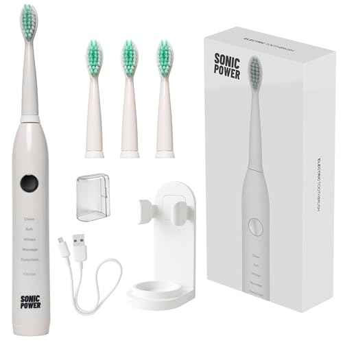 Electric Toothbrush Kit, Ultra Portable & Lightweight with 5 Cleaning Modes, 1 Year Supply of Brush Heads, Rechargeable Battery, Mirror Mount & Travel Cap Included (White)