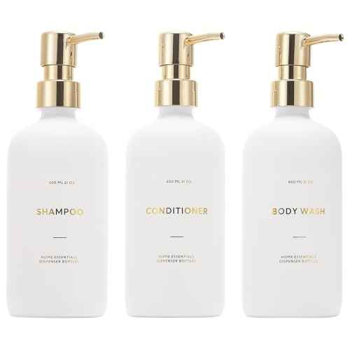 HOMCDALY Shampoo and Conditioner Dispenser, 21oz 3-Pack Refillable Pump Bottles, Shampoo Container, Empty Pump Bottle, Bathroom Shower Dispenser£¨21oz-White&Gold£©