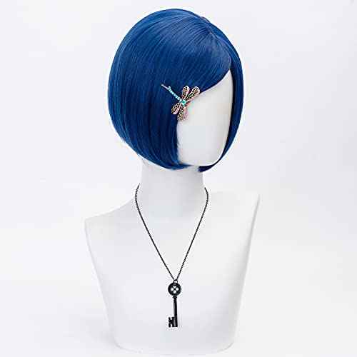 Dark Blue Bob Cosplay Wig for Women Short Straight Synthetic Wig with Key Necklace and Dragonfly Hairclip, Halloween Costume Party Cosplay Wig for Aldult (A-Dark blue)