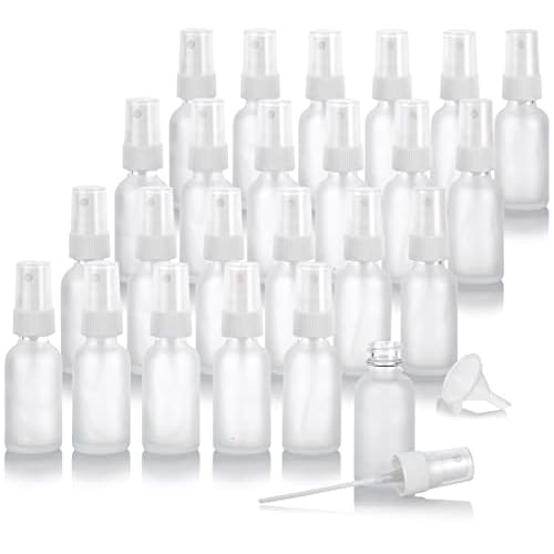 JUVITUS 1 oz Clear Frosted Glass Boston Round Bottle with White Fine Mist Spray (24 pack) + Funnel