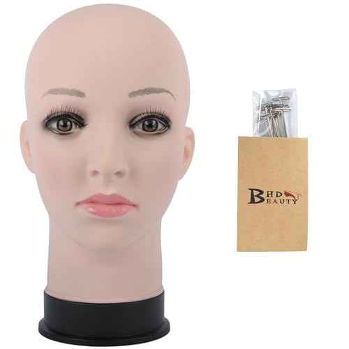 BHD BEAUTY Bald Mannequin Head Beige Female Professional Cosmetology for Wig Making, Display wigs, eyeglasses, hairs with T pins 21''