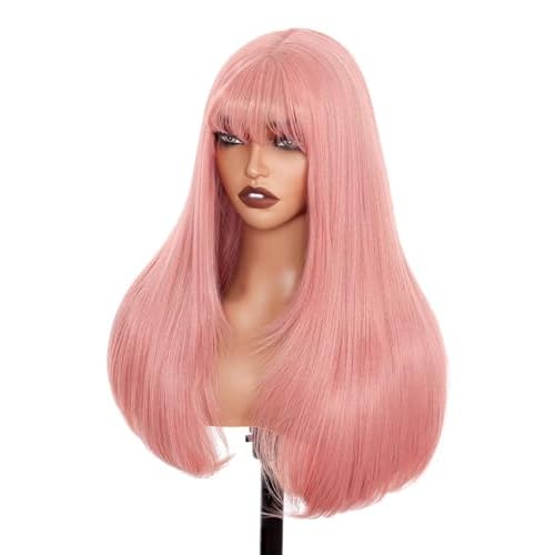 Pink Glueless Lace Front Wig For Women | 26 Inch Long Straight Layered Synthetic Wig With Curtain Bangs | Heat Resistant, Wear & Go, No Glue Needed | Cosplay & Daily Use