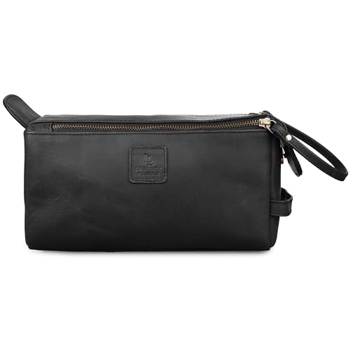 Genuine Leather Travel Toiletry Bag for Men & Women ? Unisex Water-Resistant Travel Dopp Kit, Shaving Organizer & Compact Bathroom Essentials - Midnight Black