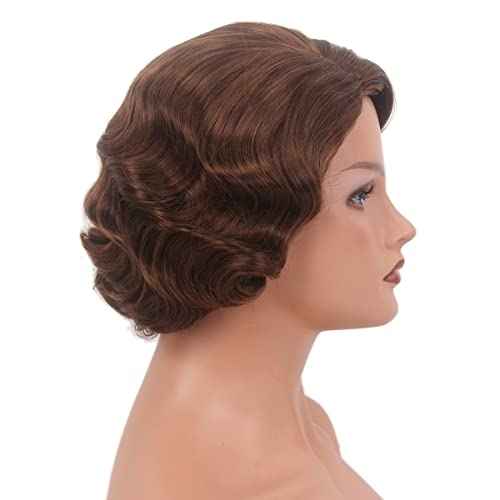H&Bwig Short Ash Brown 20s Wigs for Women Natural Finger Wave Synthetic Hair Wig for Women Lady Ladies Cosplay Anime Party Costume Anime Flapper Wig