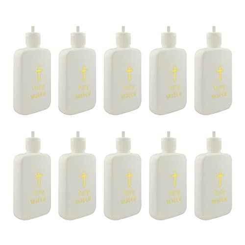Refillable Holy Water Bottles | White with Gold-Tone Cross and Lettering | Great Catholic Gift for First Communion, Confirmation, and New Home | Portable for Home and Travel (10)