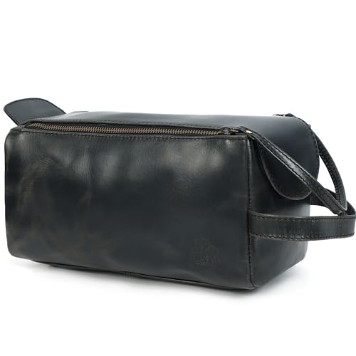 Leather Toiletry Bag for Men, Travel Duffels Essentials Shaving Dopp Kit, Mens Travel Bag Toiletries Organizer Case for Grooming, Made from 100% Real Leather (Black)