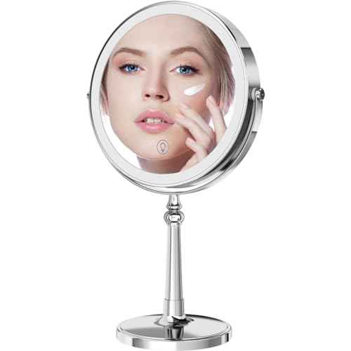 9" Large Make up Vanity Mirror with Lights Chrome Two Way Mirror 1x/10x Magnifying Mirrors with Light and Stand 4000mAh Rechargeable Led Makeup Mirrors for Desk Dresser Table