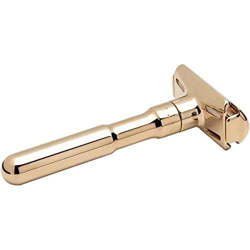 MERKUR FUTUR 702 Adjustable Double Edge Safety Razor - Bright Gold, Adjustable Razor With Dial, Made in Germany, Plastic-Free, Snap-On Cap Design, Straight Bar