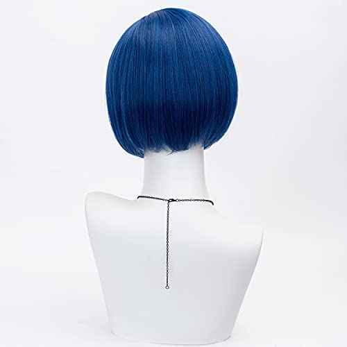 Dark Blue Bob Cosplay Wig for Women Short Straight Synthetic Wig with Key Necklace and Dragonfly Hairclip, Halloween Costume Party Cosplay Wig for Aldult (A-Dark blue)