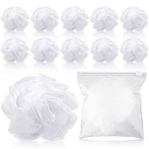 12 Pcs Travel Size Loofah Individually Wrapped, Small Shower Puff Bath Sponge Pouf Ball Bulk Mesh Bath Puff Mini Loofah Sponge with Case Bulk for Shower Care (25g,White)